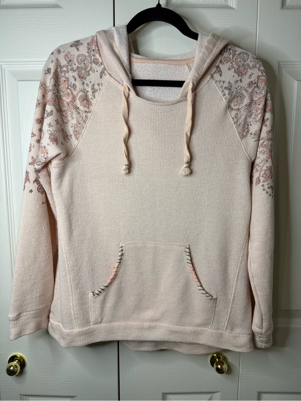 Women's Cream Hooded Knit Pullover with Paisley Shoulders
